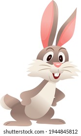 A cartoon vector illustration of a cute bunny rabbit front facing with arms on its waist.