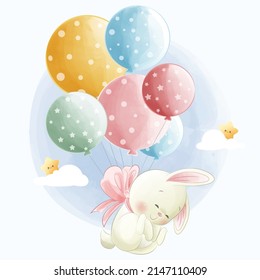 Cartoon vector illustration Cute bunny flying with balloons