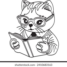 Cartoon vector illustration of cute cat reading book, Cartoon cat icon illustration, Animal education concept, Cat learning cartoon icon