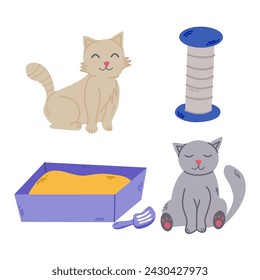 Cartoon Vector Illustration.  Cute cat and supplies. Funny kitty playing with toy.