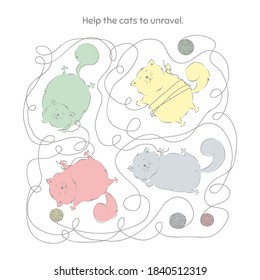 Cartoon vector illustration with a cute cats.Educational game for children. A fun maze for young children.