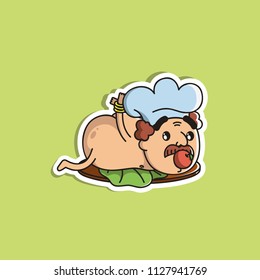 Cartoon Vector illustration. Cute Character. The naked cook in the chef's cap lies on a platter with an apple in his mouth. Icon: a man with a mustache.