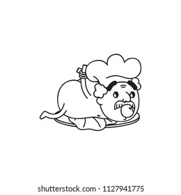 Cartoon Vector illustration. Cute Character. The naked cook in the chef's cap lies on a platter with an apple in his mouth. Icon: a man with a mustache. Coloring book page.