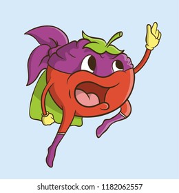 Cartoon Vector Illustration. Cute Character: Superhero tomato in a mask and raincoat
