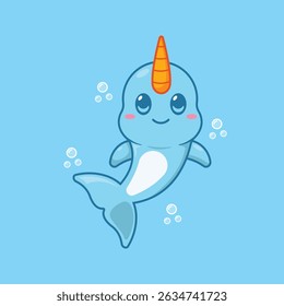 cartoon vector illustration of cute character Narwhal