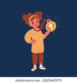 Cartoon vector illustration of Cute child girl holding gold trophy prize. Child awarding for victory in championship or learning achievements.