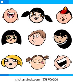 Cartoon Vector Illustration of Cute Children Faces Set