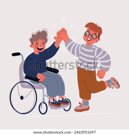 Cartoon vector illustration of Cute cartoon children with injury and trauma. Boy in wheelchair. Friendship together give five. Special needs and disability