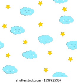 Cartoon vector illustration with cute clouds and stars on white background. Hand draw style. Fashion kids set of speech bubbles. Template design for invitation, poster, card, fabric, textile.