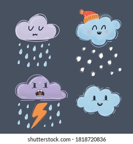 Cartoon vector illustration of Cute clouds with funny faces. Cry, sad and happy expression. Storm, rain, snow. Different expression on dark background.