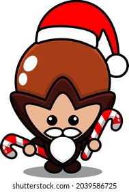 cartoon vector illustration of cute clove mascot costume character wearing santa hat and holding christmas candy