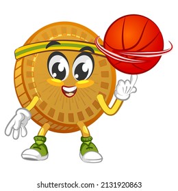 ilustración vectorial de una mascota de moneda linda jugando al baloncesto