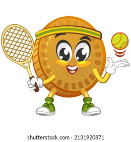 cartoon vector illustration of cute coin mascot playing tennis