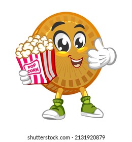 Cartoon, Vektorgrafik süßer Münzmaskottchen, der Popcorn isst