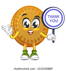 cartoon vector illustration of cute coin mascot holding a sign that says thank you