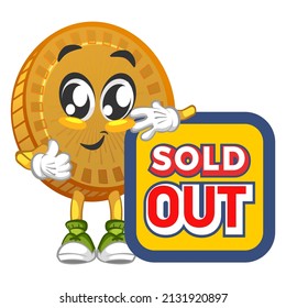 cartoon vector illustration of cute coin mascot holding a sign that says sold out