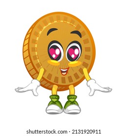 cartoon vector illustration of cute coin mascot in love