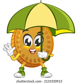 cartoon vector illustration of cute coin mascot holding umbrella