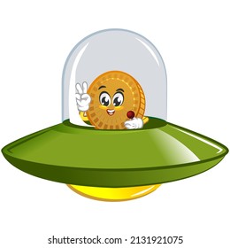 cartoon vector illustration of cute coin mascot riding a space ufo