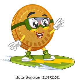 cartoon vector illustration of cute coin mascot skating on a snowboard