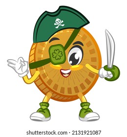 cartoon vector illustration of cute coin mascot being a pirate with a dagger