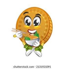 cartoon vector illustration of cute coin mascot eating noodles with chopsticks