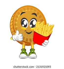 cartoon vector illustration of cute coin mascot eating french fries