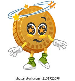 cartoon vector illustration of cute coin mascot being dizzy