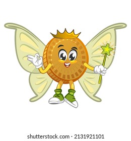 cartoon vector illustration of cute coin mascot being a fairy with butterfly wings