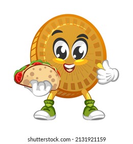 cartoon vector illustration of cute coin mascot eating taco