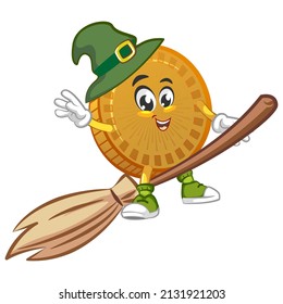cartoon vector illustration of cute coin mascot being a witch flying on her broom
