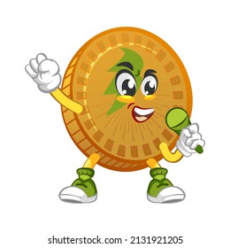 cartoon vector illustration of cute coin mascot singing in superstar style