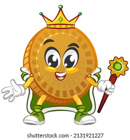 cartoon vector illustration of cute coin mascot being king