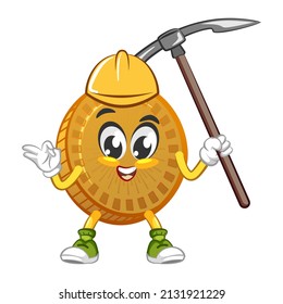 cartoon vector illustration of cute coin mascot being a miner