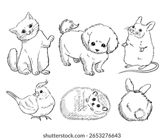 Cartoon vector illustration of a cute collection of hand drawn domestic pet animals, ideal for children’s products, educational materials and decor