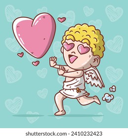 Cartoon vector illustration of Cute Cupid running to get a Love. Hand drawn vector illustration