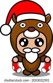 cartoon vector illustration of cute deer animal mascot costume character wearing christmas hat and holding socks