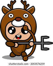 cartoon vector illustration of cute deer animal mascot costume character holding a fork arrow