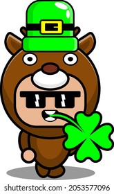 cartoon vector illustration of cute deer animal mascot costume character wearing st patrick's hat and biting clover