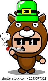 cartoon vector illustration of cute deer animal mascot costume character wearing st patrick's hat and smoking