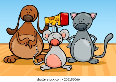 Cartoon Vector Illustration of Cute Dog Cat and Mouse Pets Characters