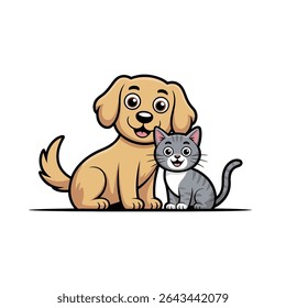 Cartoon Vector Illustration of a Cute Dog and Cat Sitting Together on White Background