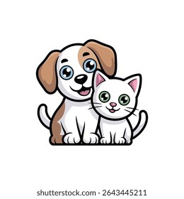 Cartoon Vector Illustration of a Cute Dog and Cat Sitting Together on White Background