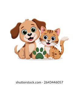 Cartoon Vector Illustration of a Cute Dog and Cat Sitting Together on White Background