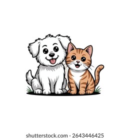 Cartoon Vector Illustration of a Cute Dog and Cat Sitting Together on White Background
