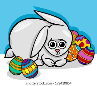 Cartoon Vector Illustration of Cute Easter Bunny with Paschal Eggs