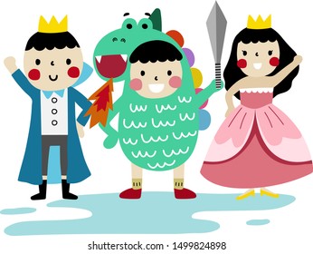 Cartoon vector illustration of cute fairytale story. kids dress up and play together to be prince, princess, knight and dragon they are friends.