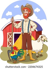 cartoon vector illustration of a cute farmer standing in front of his farmhouse.