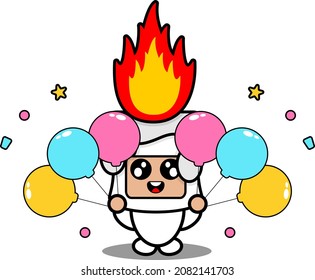 cartoon vector illustration of cute fiery white candle mascot costume character holding birthday balloon