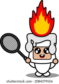 cartoon vector illustration of cute fiery white wax mascot costume character holding badminton racket
